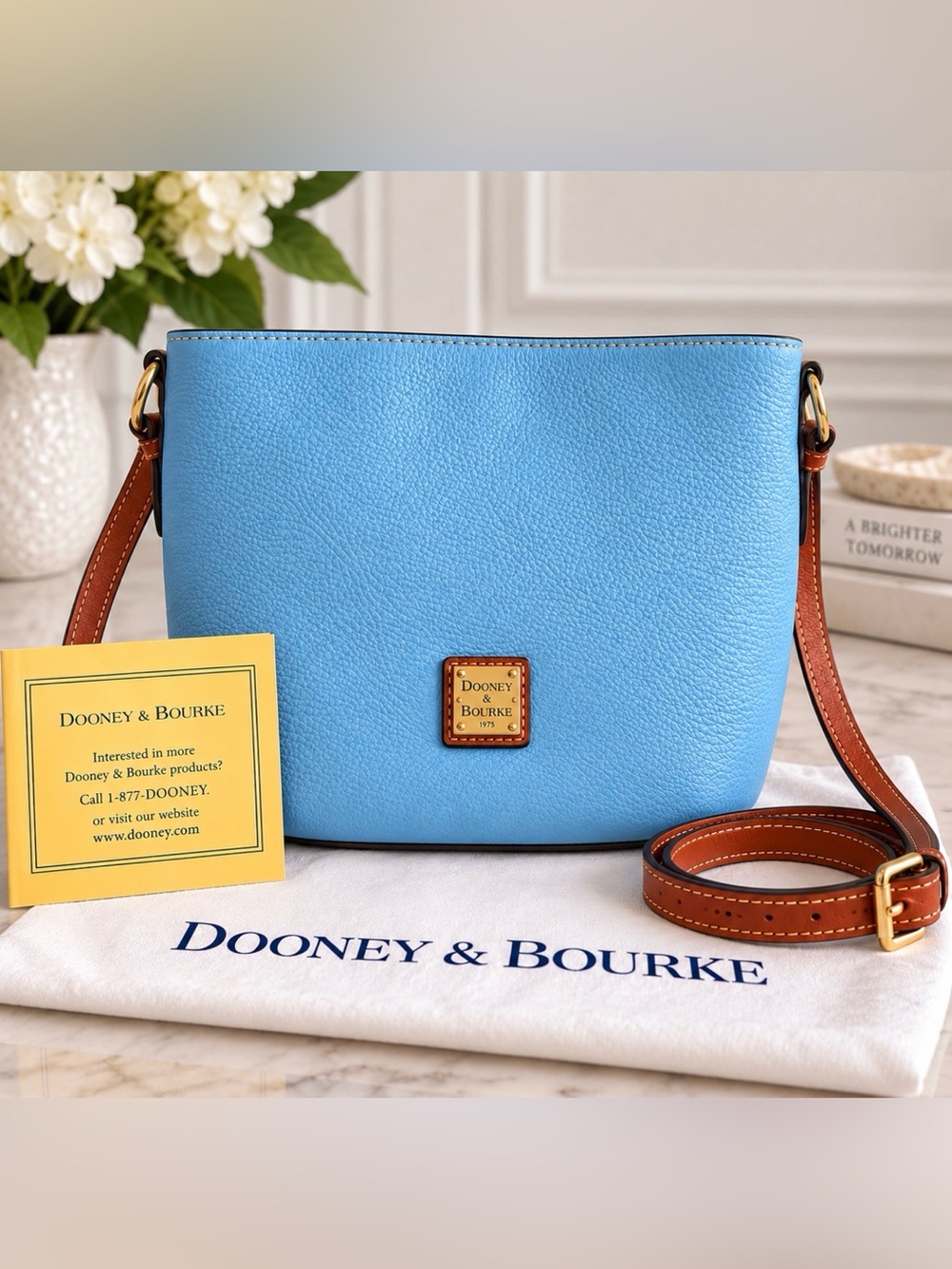 Dooney & Bourke Sky Blue Pebble Leather Crossbody with Brown Strap - Picture 1 of 11